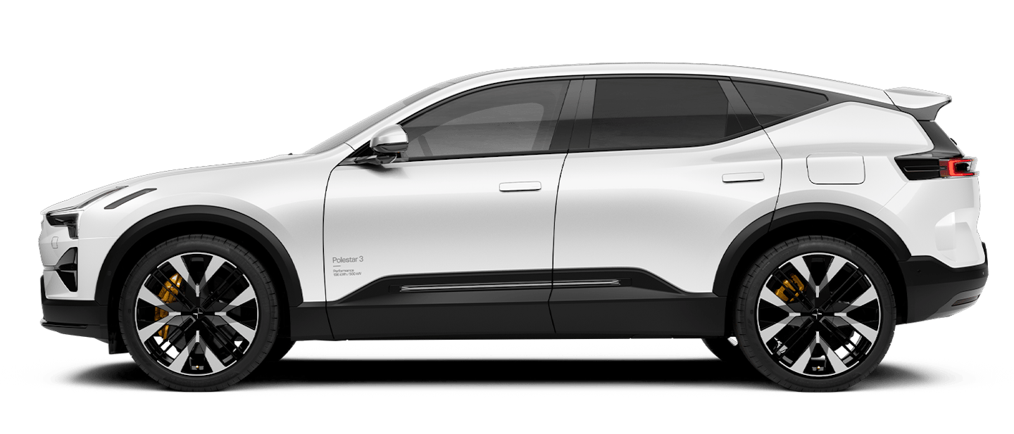 Side view of Polestar 3 electric SUV with white exterior and black accents.