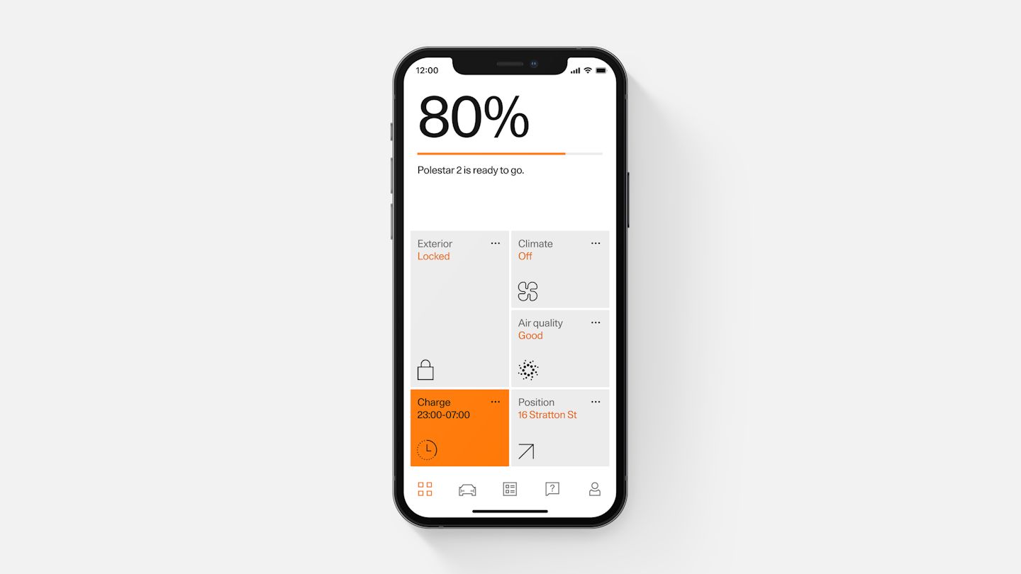 An iPhone whith the Polestar app showing the charge level and various home screen tiles.