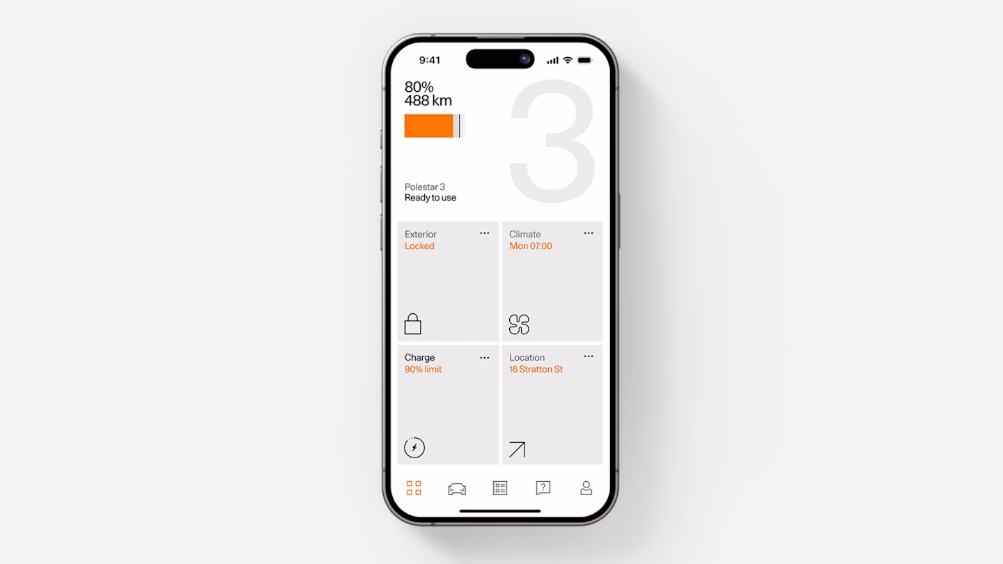 An Apple smartphone with the Polestar app homescreen.