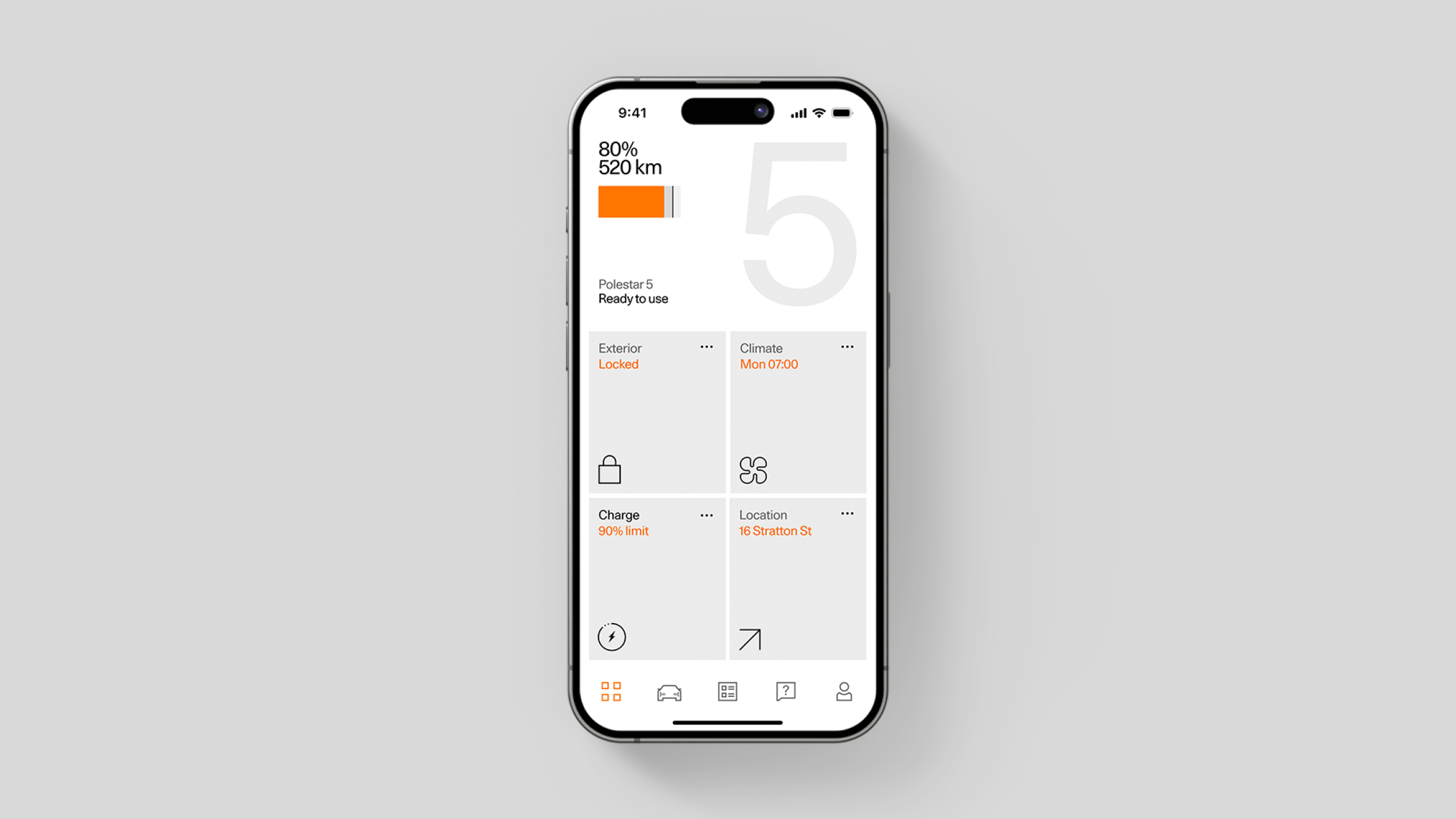 An Apple smartphone with the Polestar app homescreen.