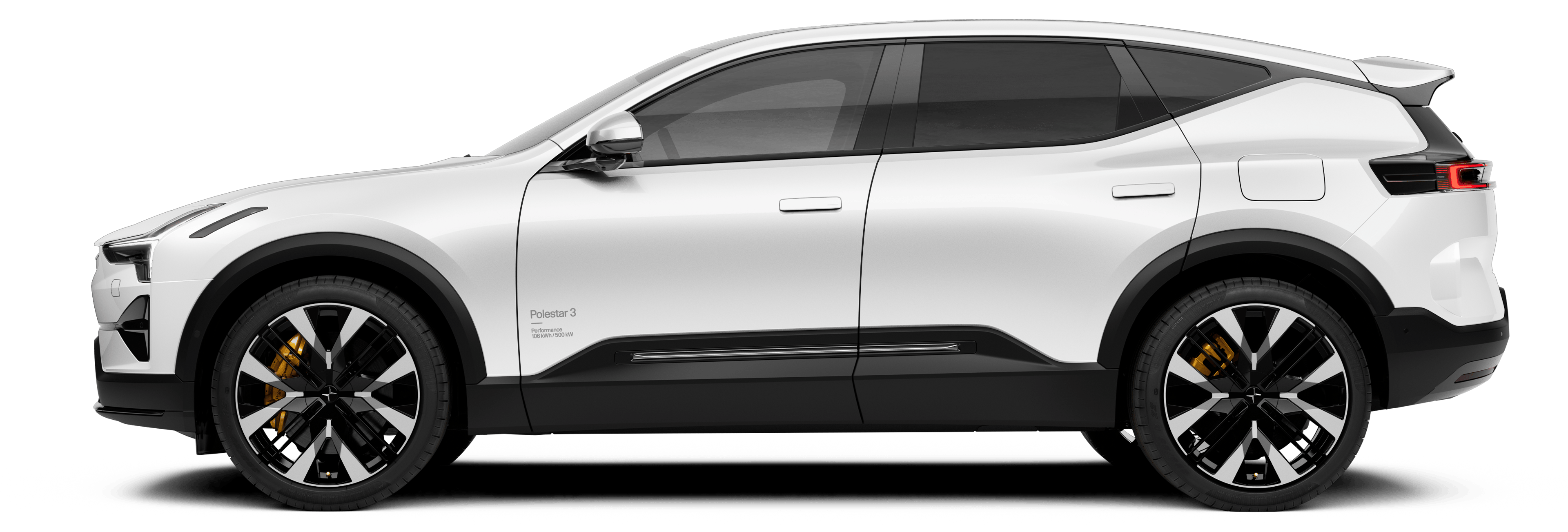 Side view of Polestar 3 electric SUV with white exterior and black accents, featuring large alloy wheels and sleek design.