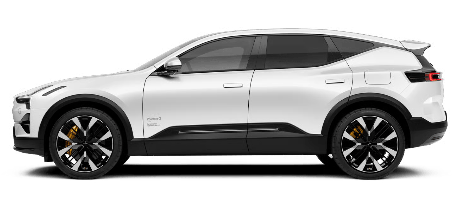 Side view of Polestar 3 electric SUV with white exterior and black accents, featuring large alloy wheels  and yellow brake calipers..