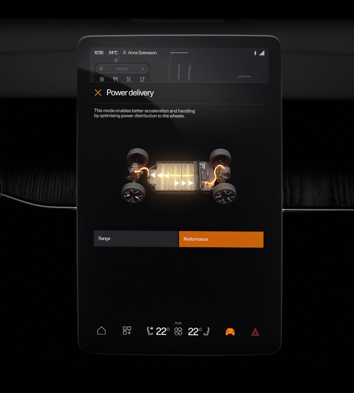 Touchscreen interface displaying Polestar car power delivery mode with options for range and performance.