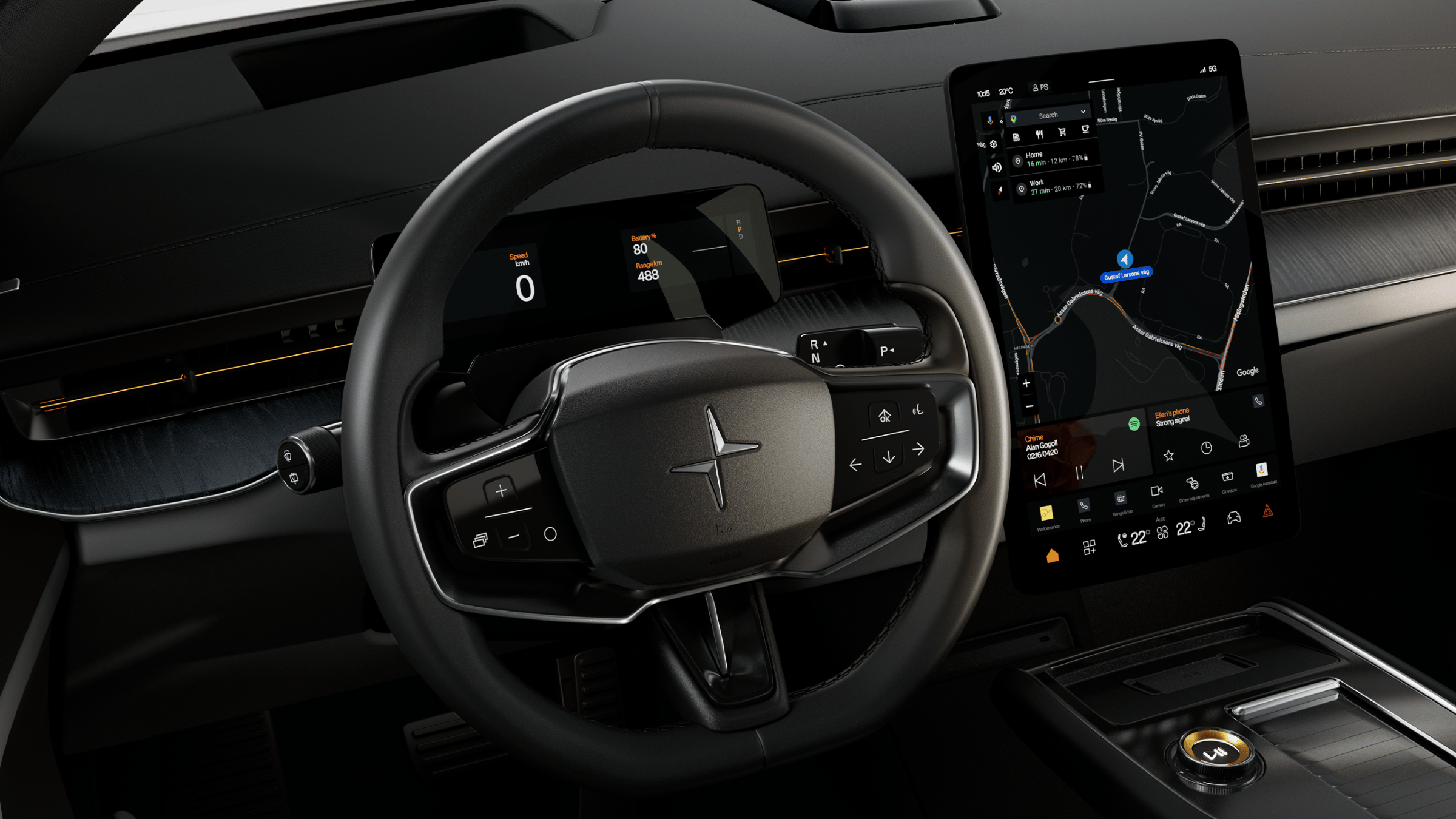 Polestar 3’s steering wheel, dashboard, and centre display showing the Google Play Store screen.