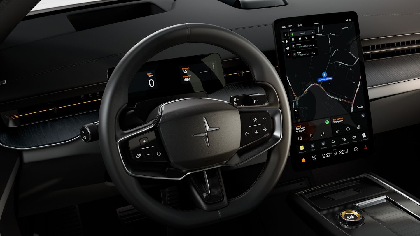 Polestar 3’s steering wheel, dashboard, and centre display showing the Google Play Store screen.