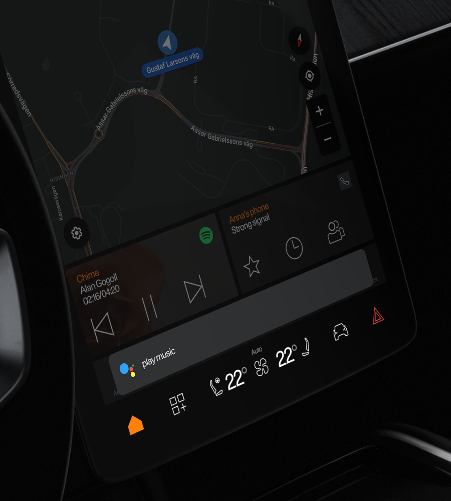 A close up of Polestar 3’s centre display focussing on a Google Assistant prompt for music.