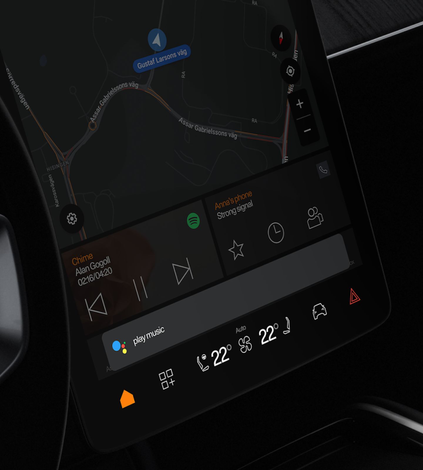 A close up of Polestar 3’s centre display focussing on a Google Assistant prompt for music.