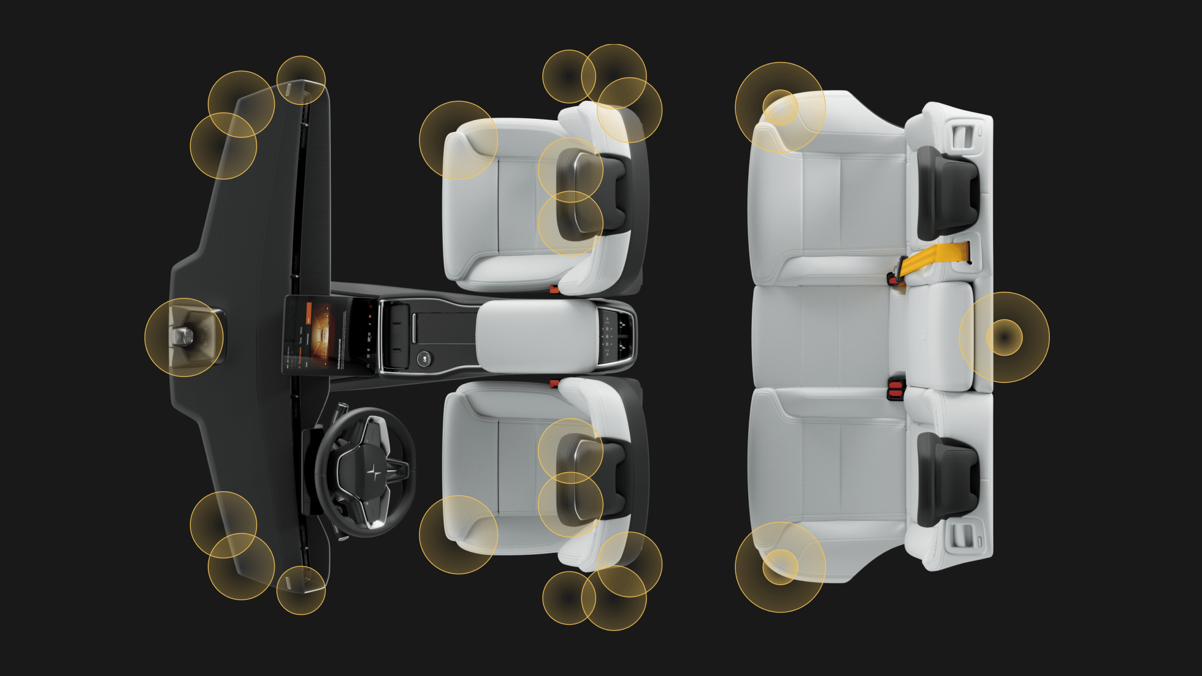 Polestar 3’s interior seats and dashboard showing the placement of the audio speakers.