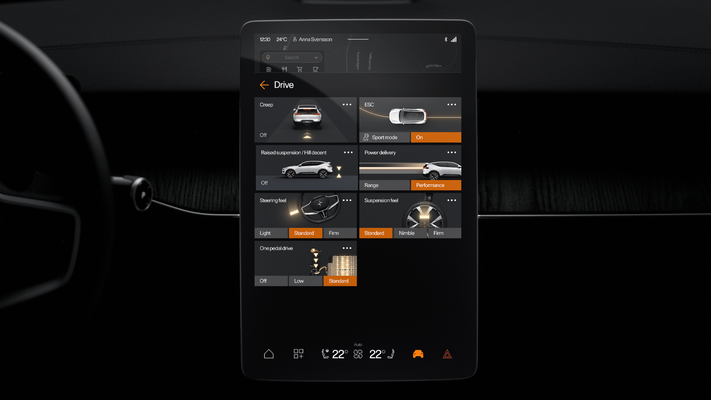 Polestar 3’s dashboard, steering wheel, and centre display showing the “Drive” screen.