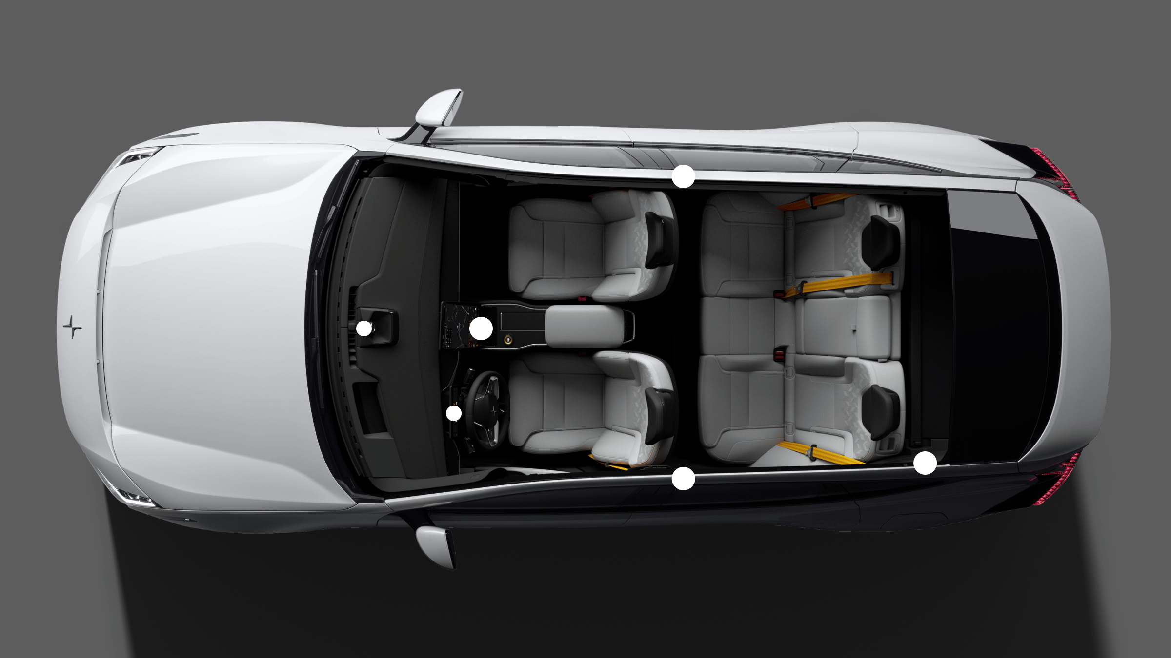 A bird’s eye view of Polestar 3 with dots showing the placement of its interior cameras and sensors.