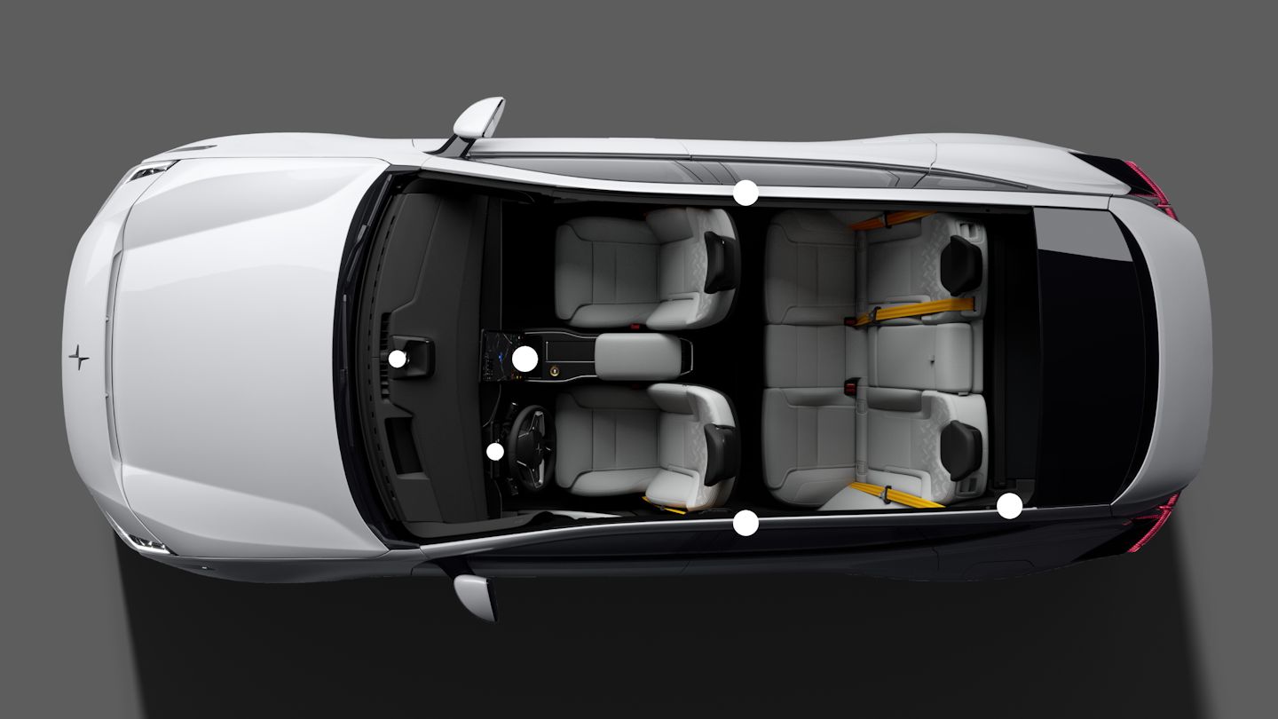 A bird’s eye view of Polestar 3 with dots showing the placement of its interior cameras and sensors.