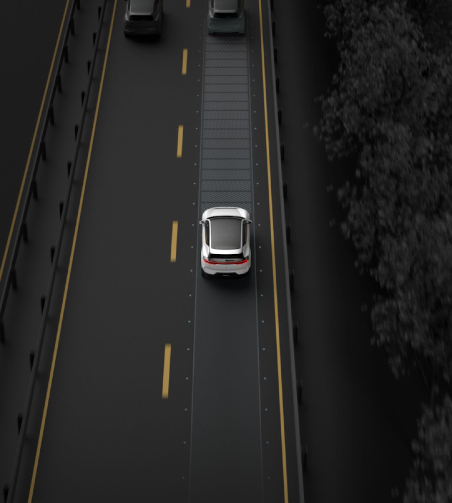 Polestar 3 driving on a road and monitoring the distance between itself and the car ahead.