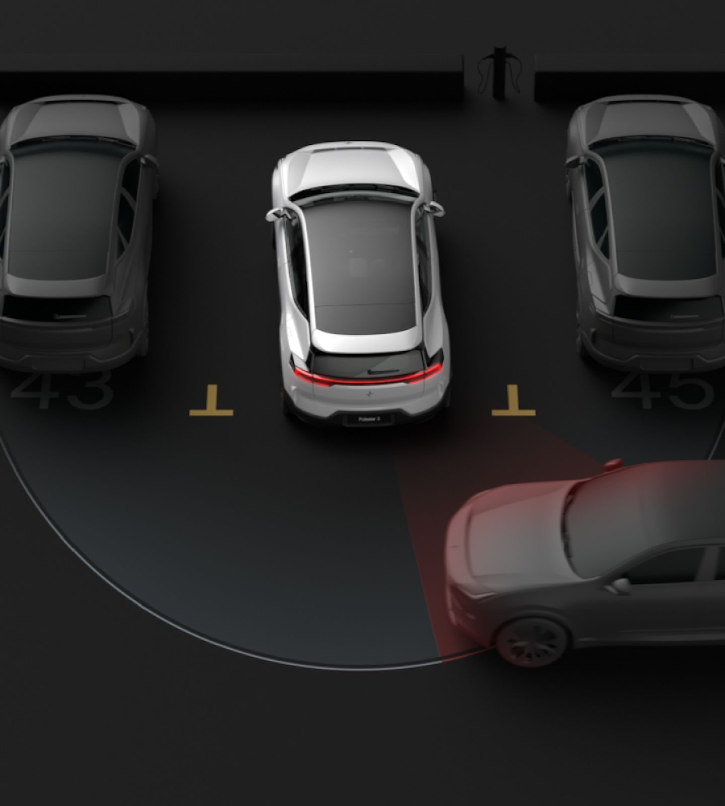 Polestar 3 reversing out of a parking space and braking when detecting a car in its blind spot.