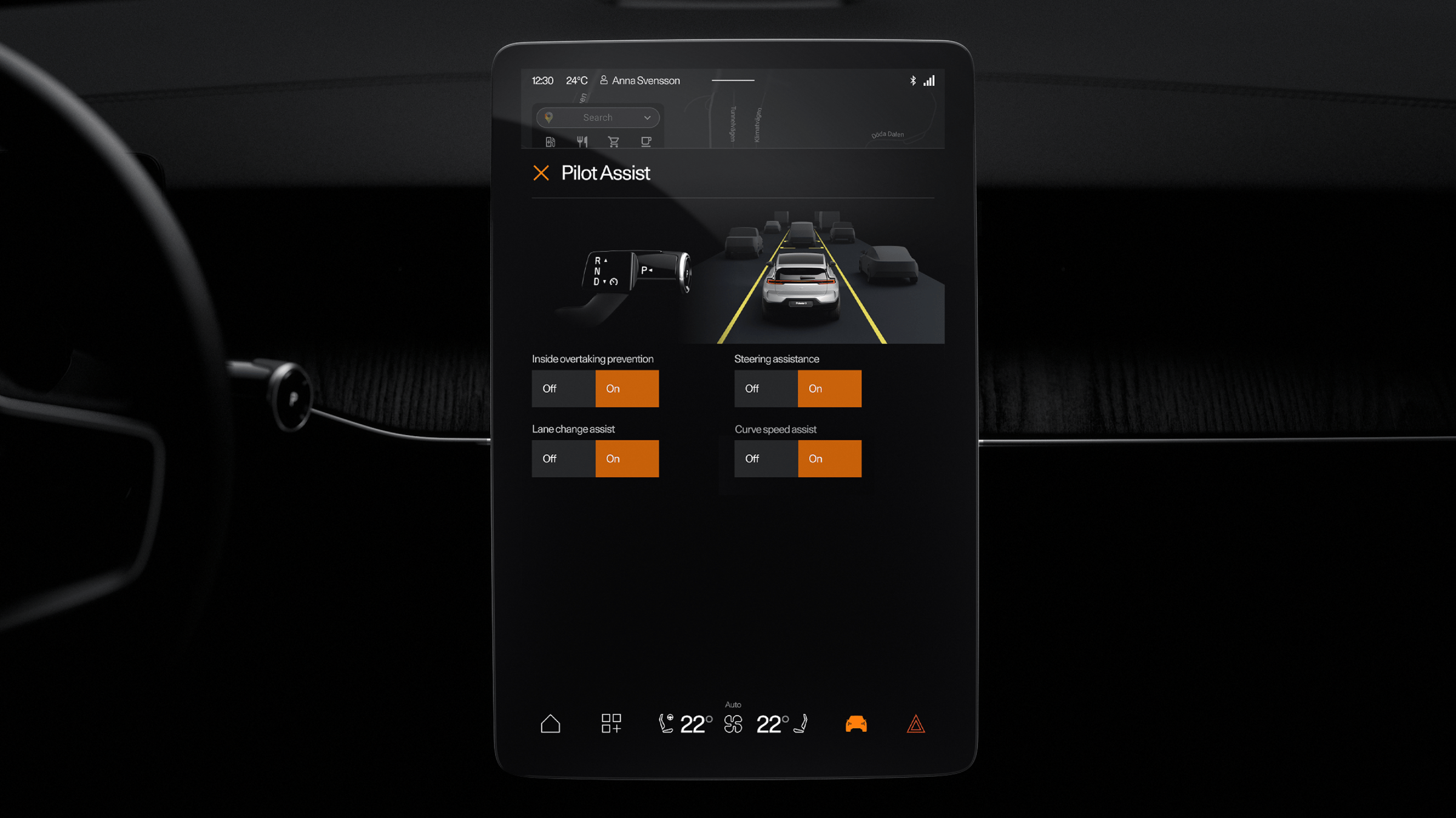 Polestar 3’s dashboard, steering wheel, and centre display showing the “Pilot assist” screen.