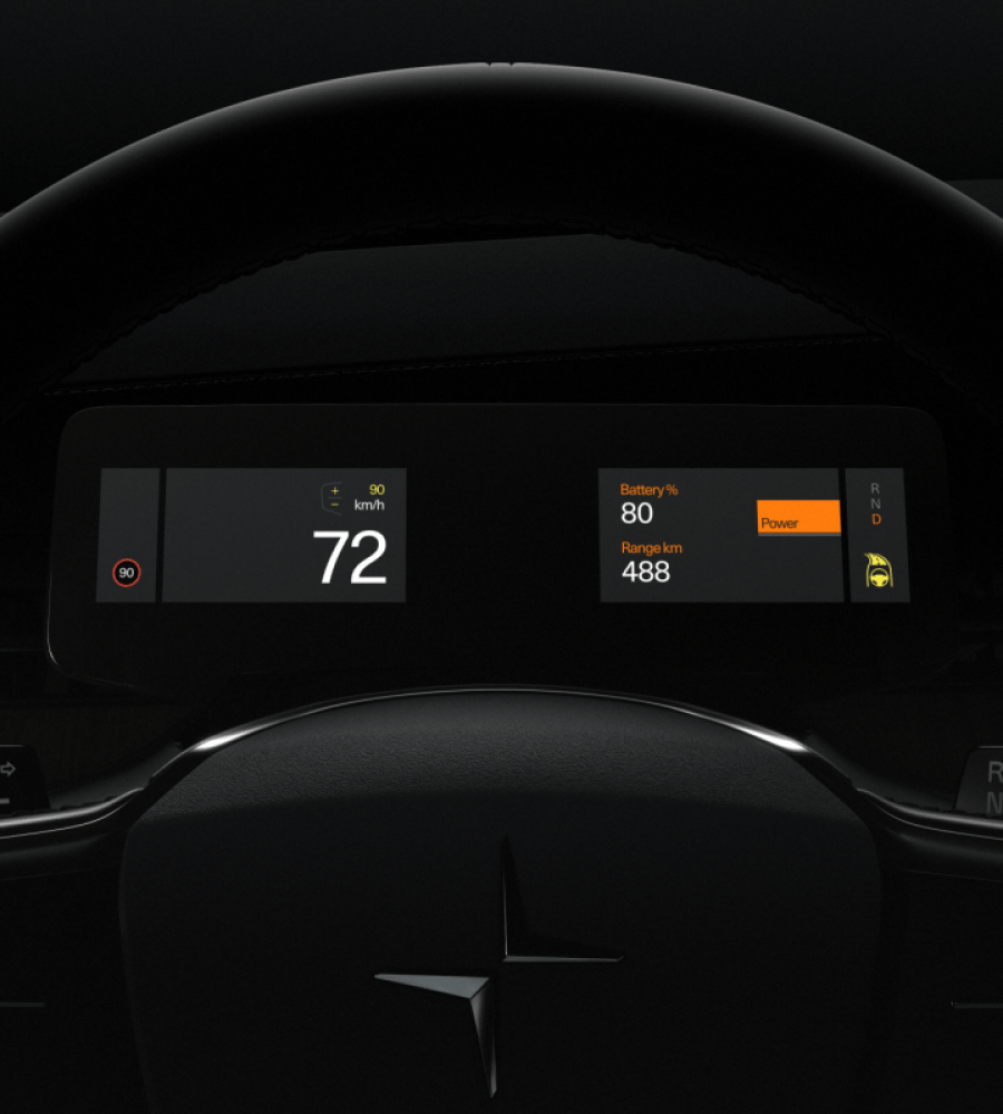 Polestar 3 driving on a road and monitoring the distance between itself and the car ahead.