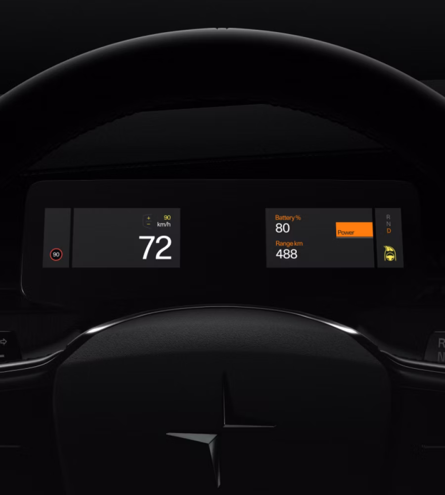 Polestar 3 driving on a road and monitoring the distance between itself and the car ahead.