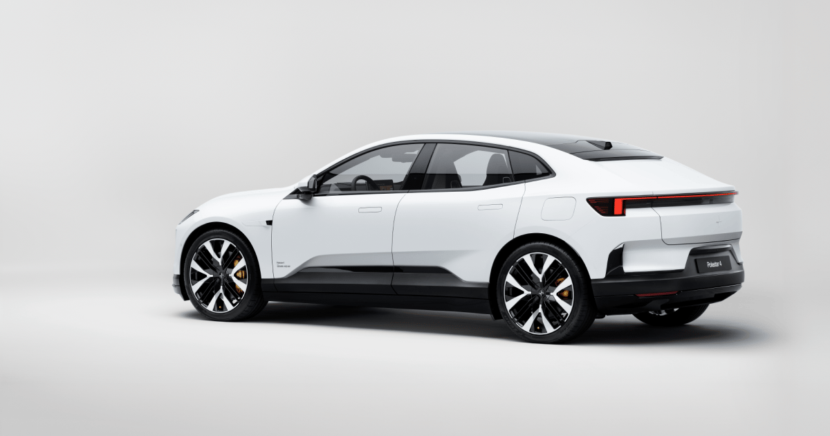 Polestar 4 coupé electric car in white color, side view, rear three-quarter angle, studio background
