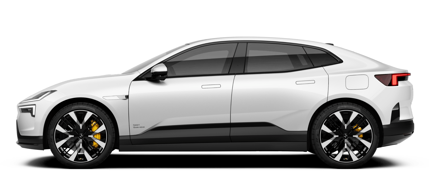Polestar 4 electric car side view with white body, black trim, and yellow brake calipers.