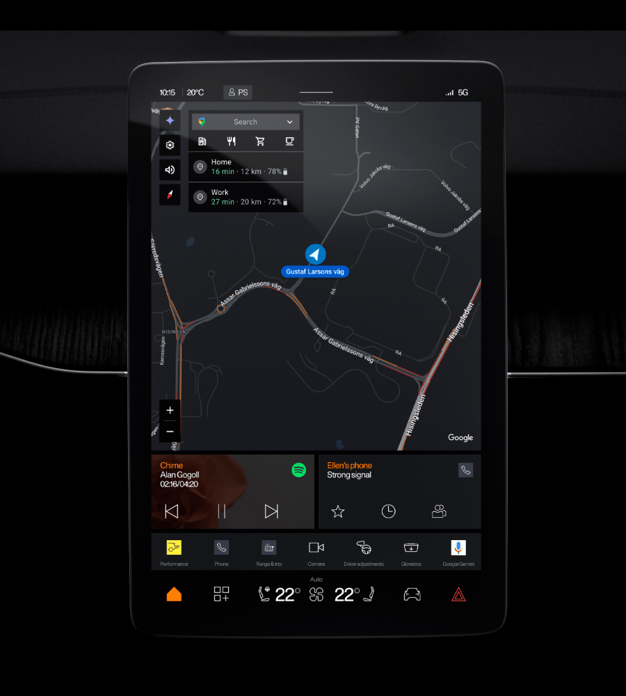 Polestar 3’s centre display showing Google Maps and smaller app tiles beneath it.