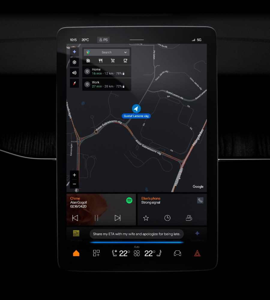 Polestar 3 centre display with Google Maps shown on screen with Gemini icon.