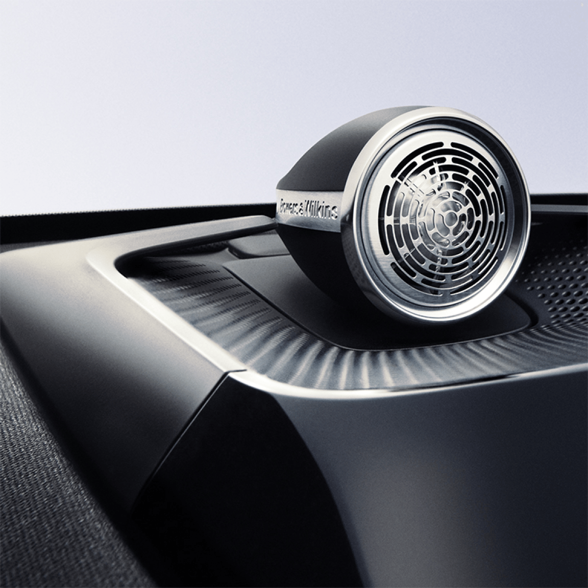 A close up of the Bowers & Wilkins tweeter-on-top sitting on Polestar 3’s dashboard