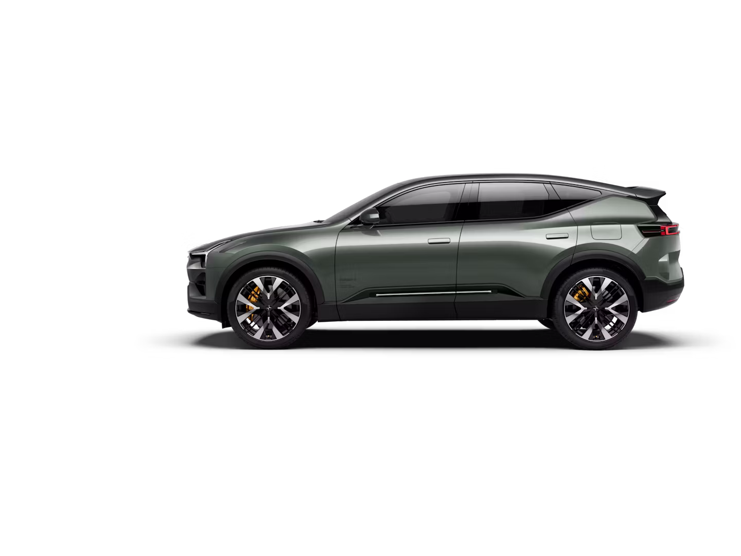 A side view of a dull green-coloured Polestar 3 facing left and standing against a white background.