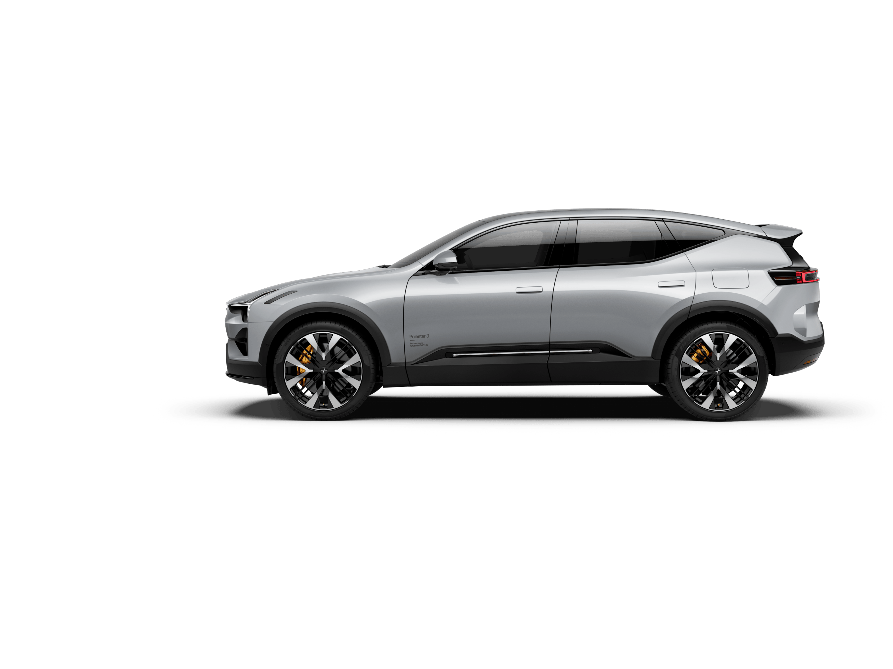 A side view of a light grey-coloured Polestar 3 facing left and standing against a white background.