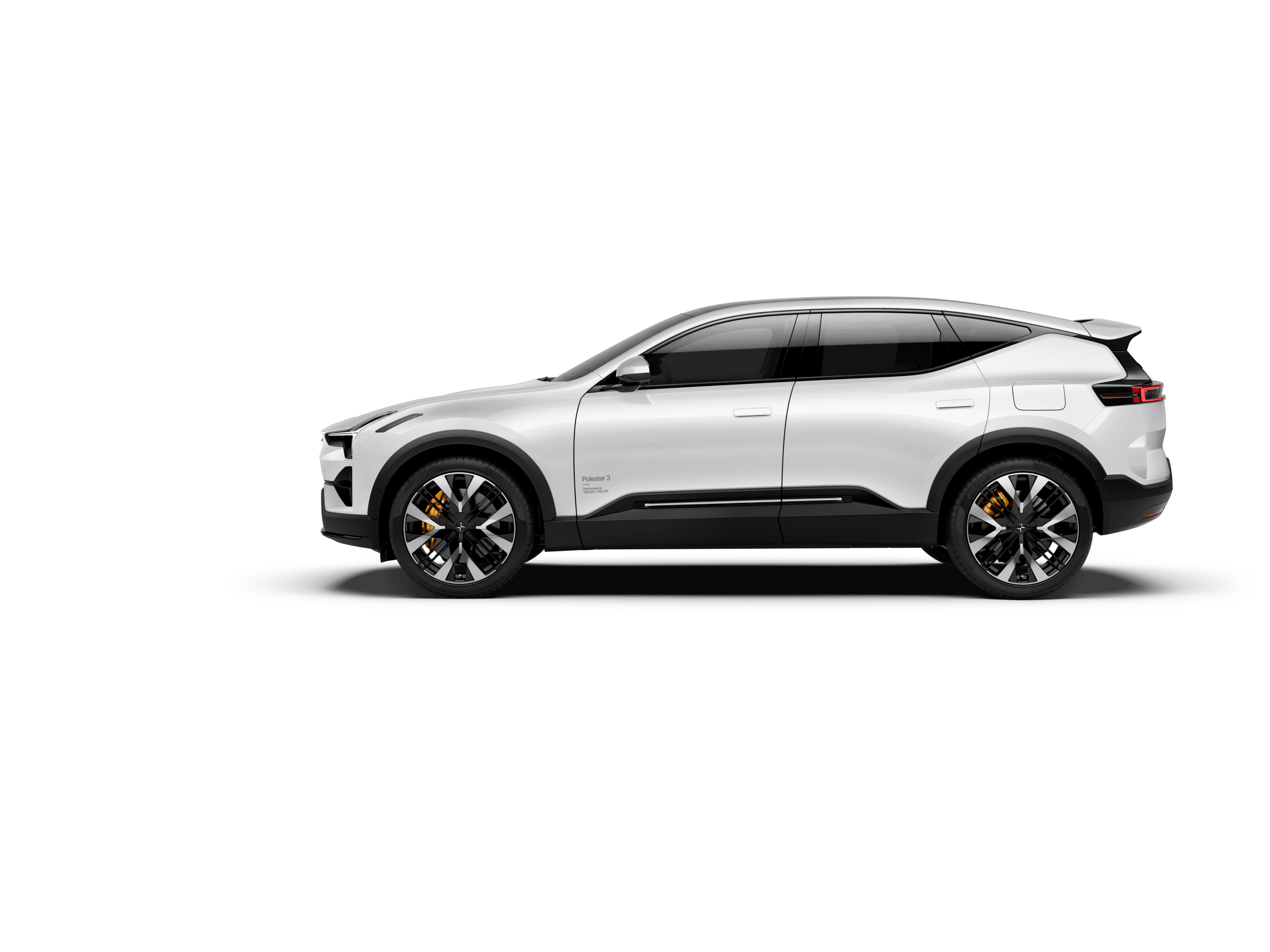 A side view of a white-coloured Polestar 3 facing left and standing against a white background.