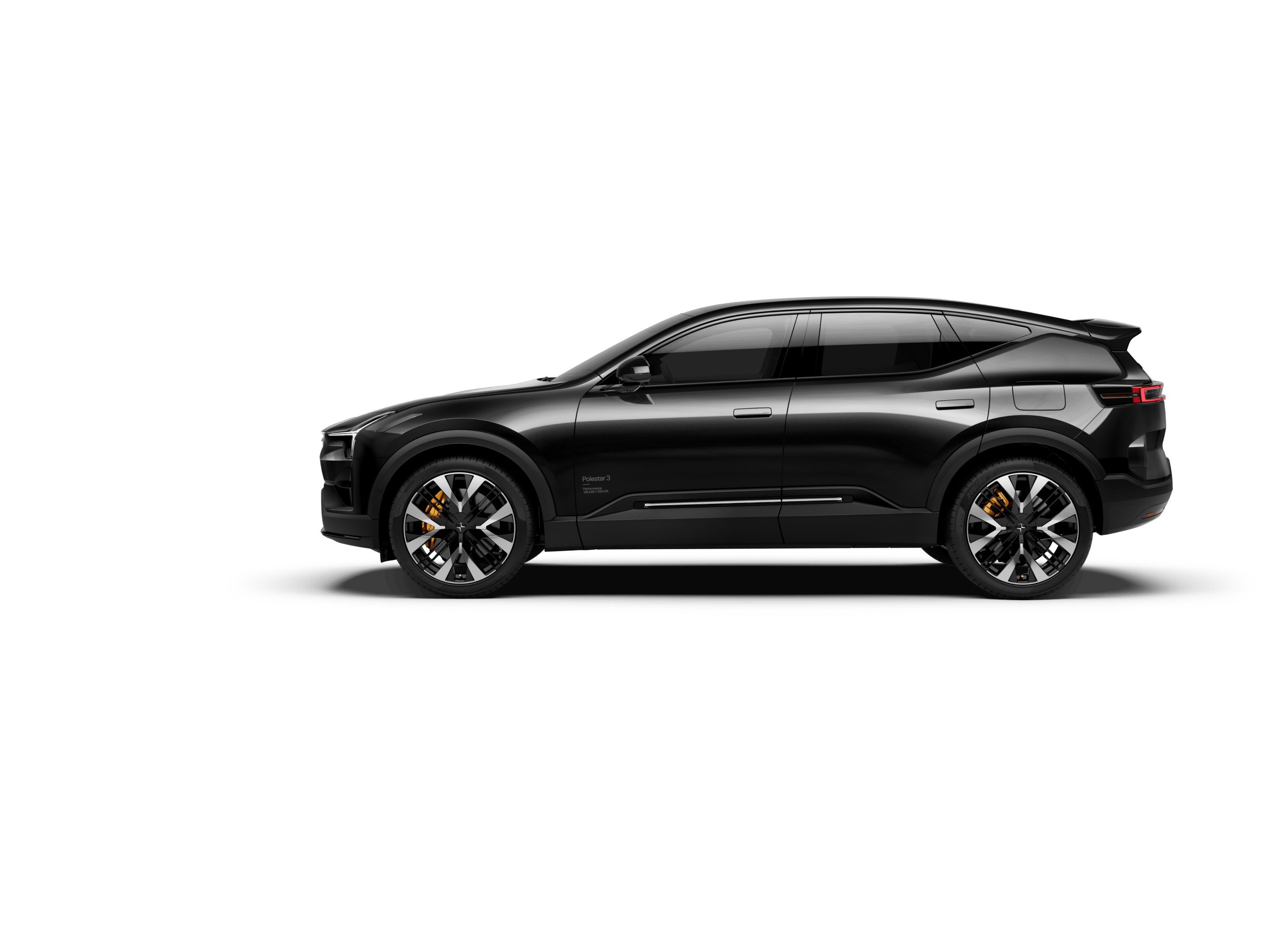 A side view of a black-coloured Polestar 3 facing left and standing against a white background.