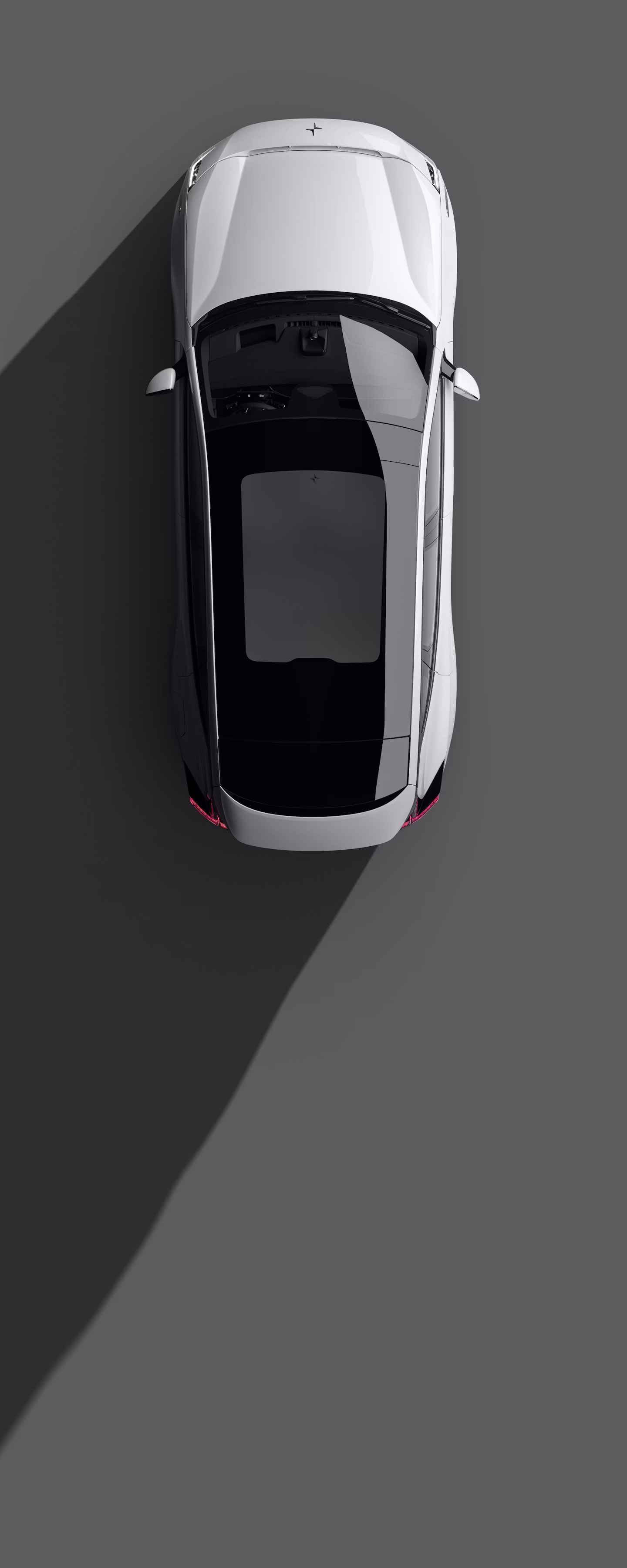 A bird’s eye view of Polestar 3 with interior passenger cabin exposed.