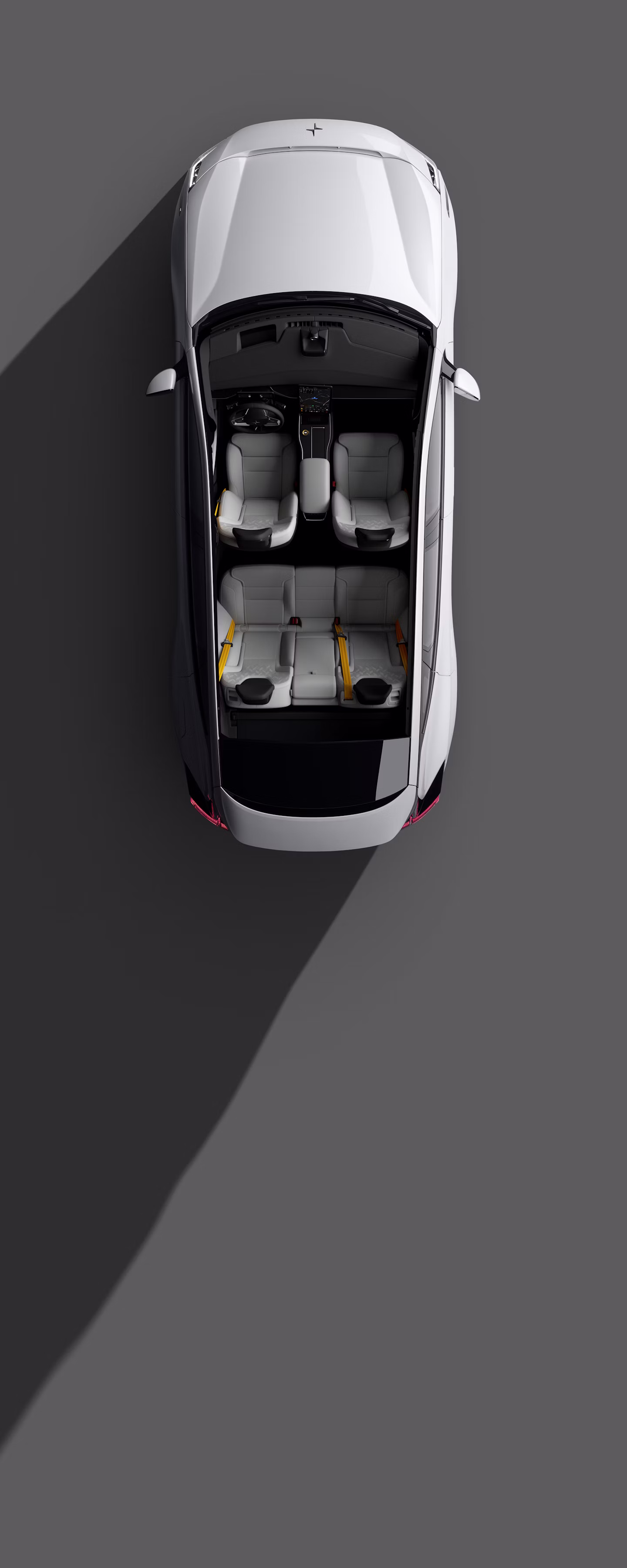 A bird’s eye view of Polestar 3 with interior passenger cabin exposed.