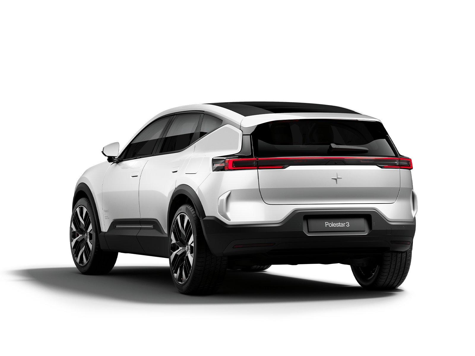Rear angled view of Polestar 3 in white colour standing in a white background.