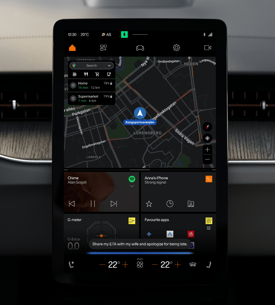 Polestar 5 centre display showing home screen with Google Maps and Google Gemini prompt.