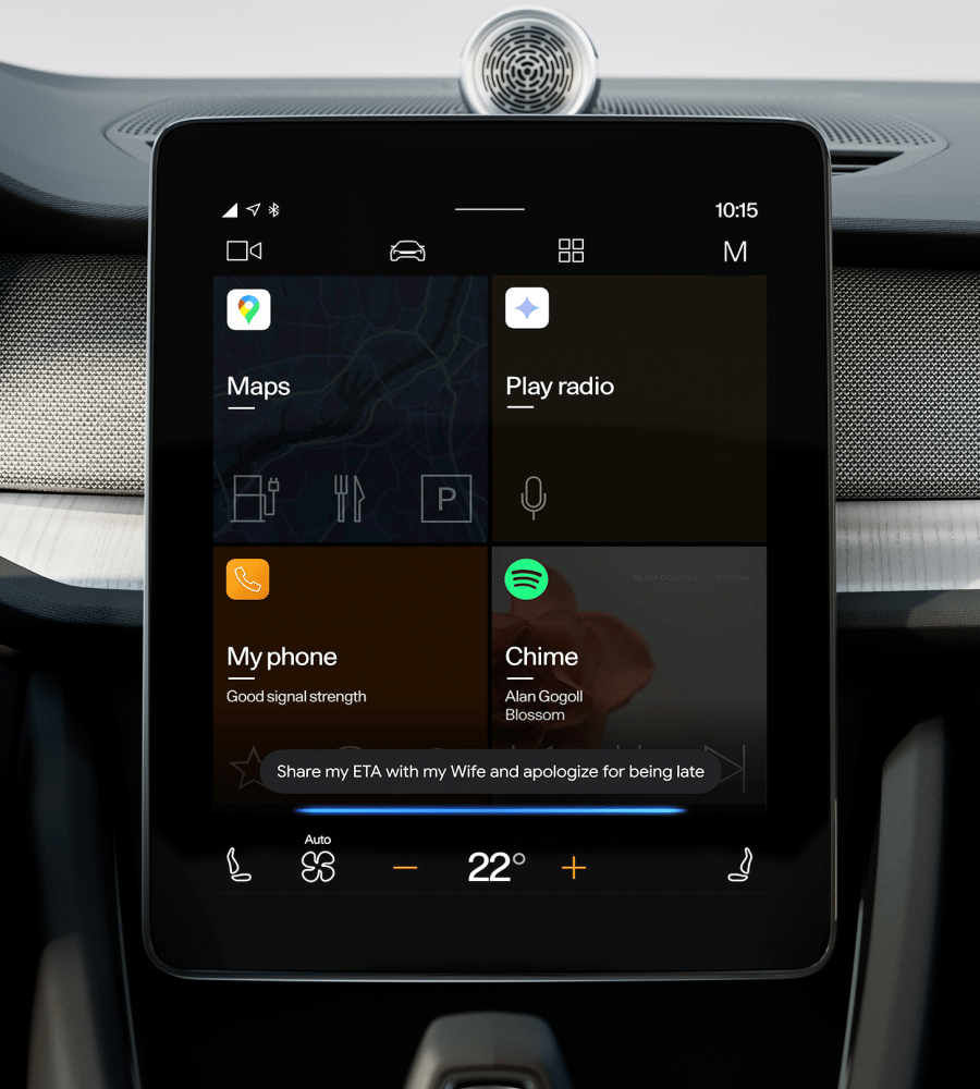 Polestar 3 centre display with Google Maps shown on screen with a verbal command for Google Gemini.