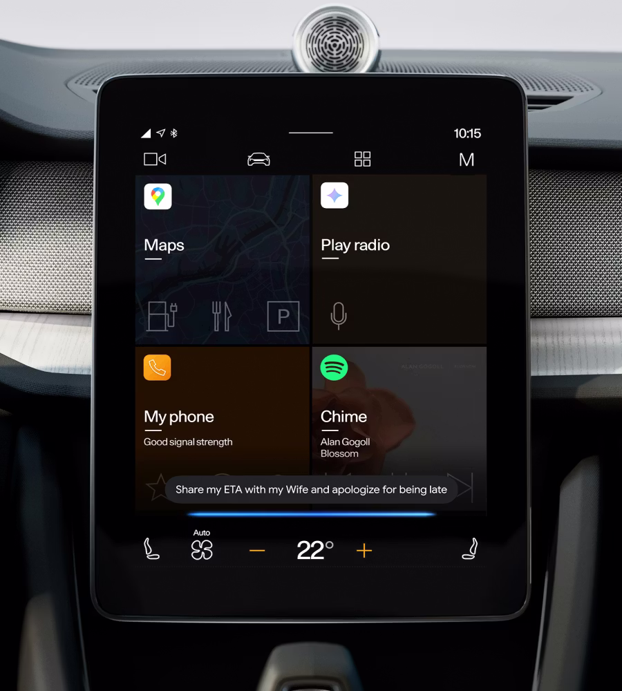 Polestar 3 centre display with Google Maps shown on screen with a verbal command for Google Gemini.