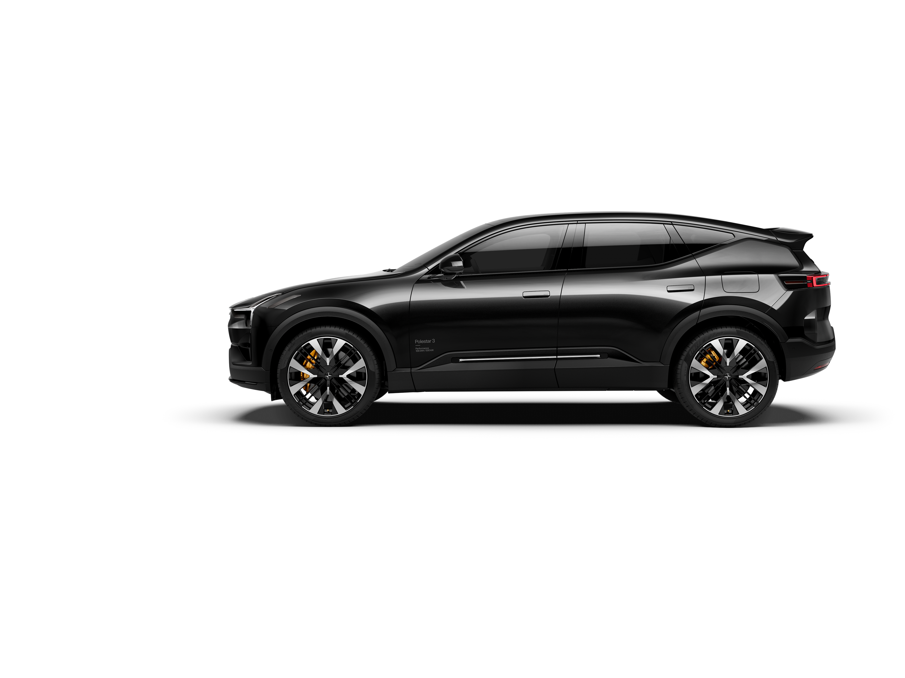 A side view of a black-coloured Polestar 3 facing left and standing against a white background.