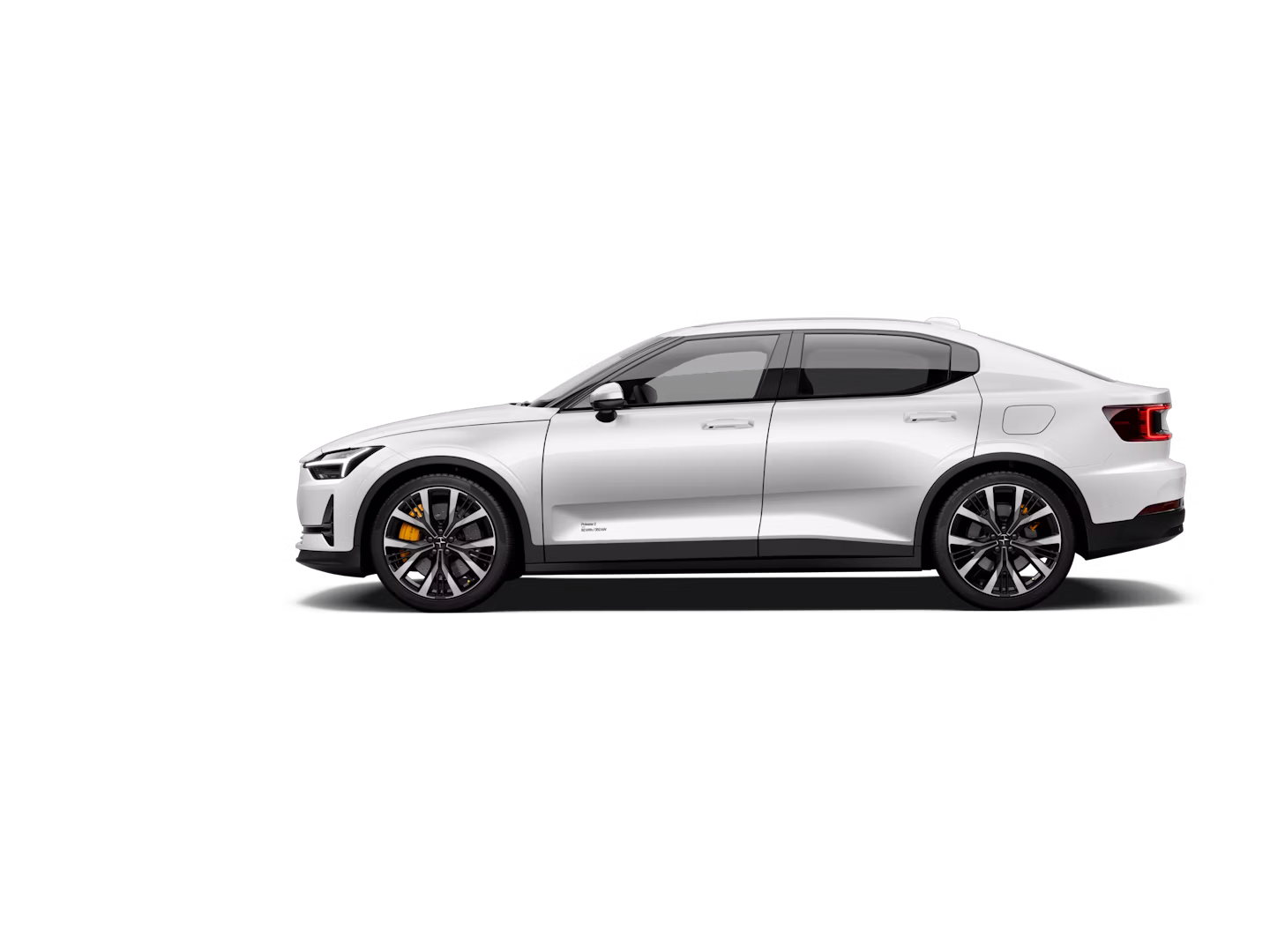A side view of a white-coloured Polestar 2 facing left and standing against a white background.