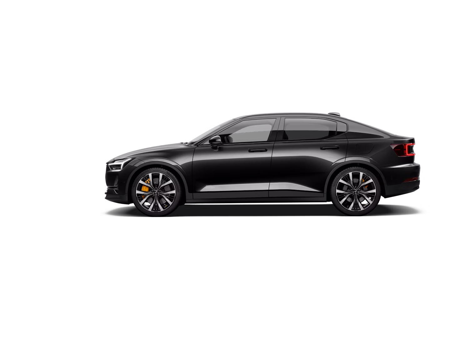 A side view of a black-coloured Polestar 2 facing left and standing against a white background.