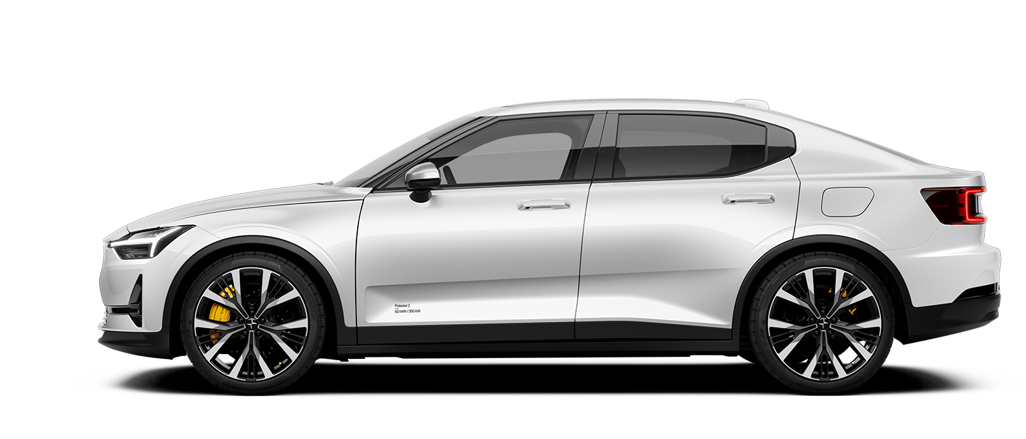 Side view of Polestar 2 electric car in white color with black wheels and yellow brake calipers.