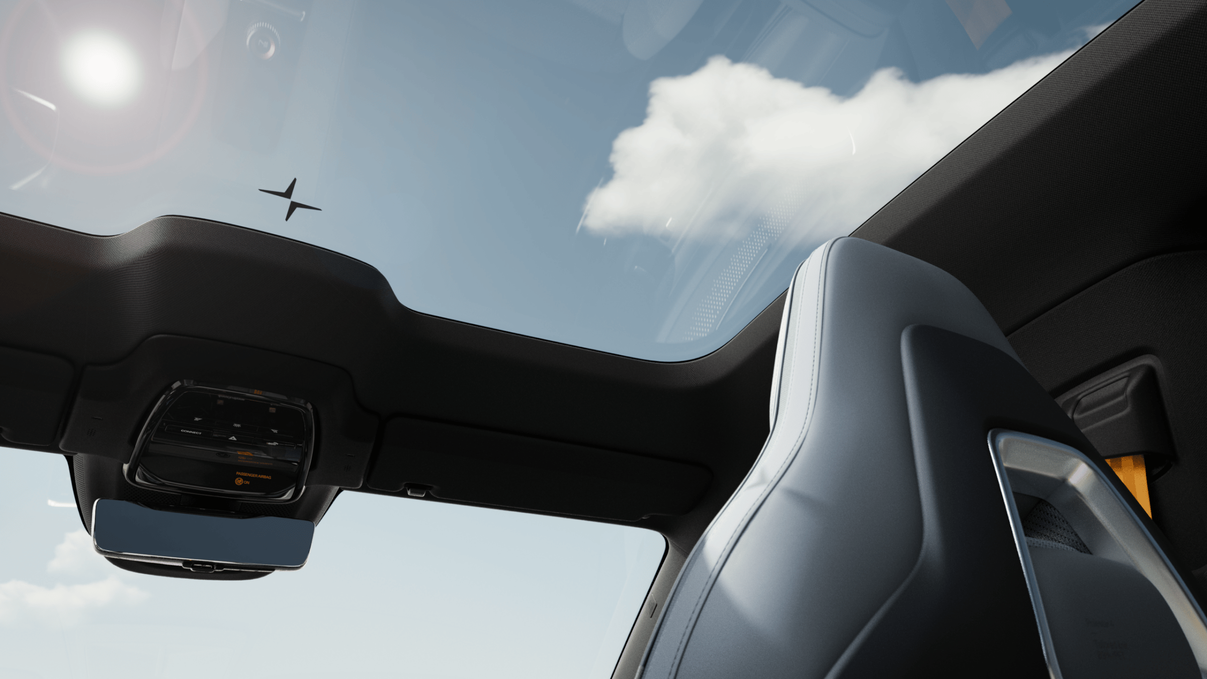 Polestar 4 coupé panoramic roof turning fully opaque under a bright sun.