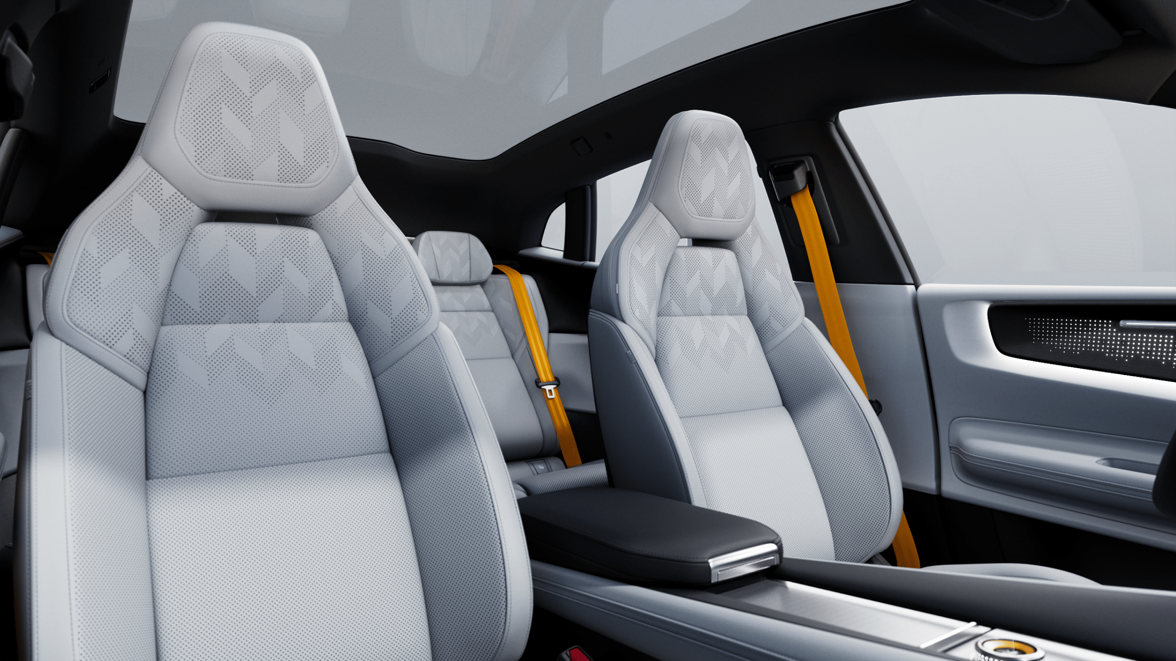 Polestar 4 coupé’s front seats in Tailored knit upholstery in Mist and Swedish gold seat belts.