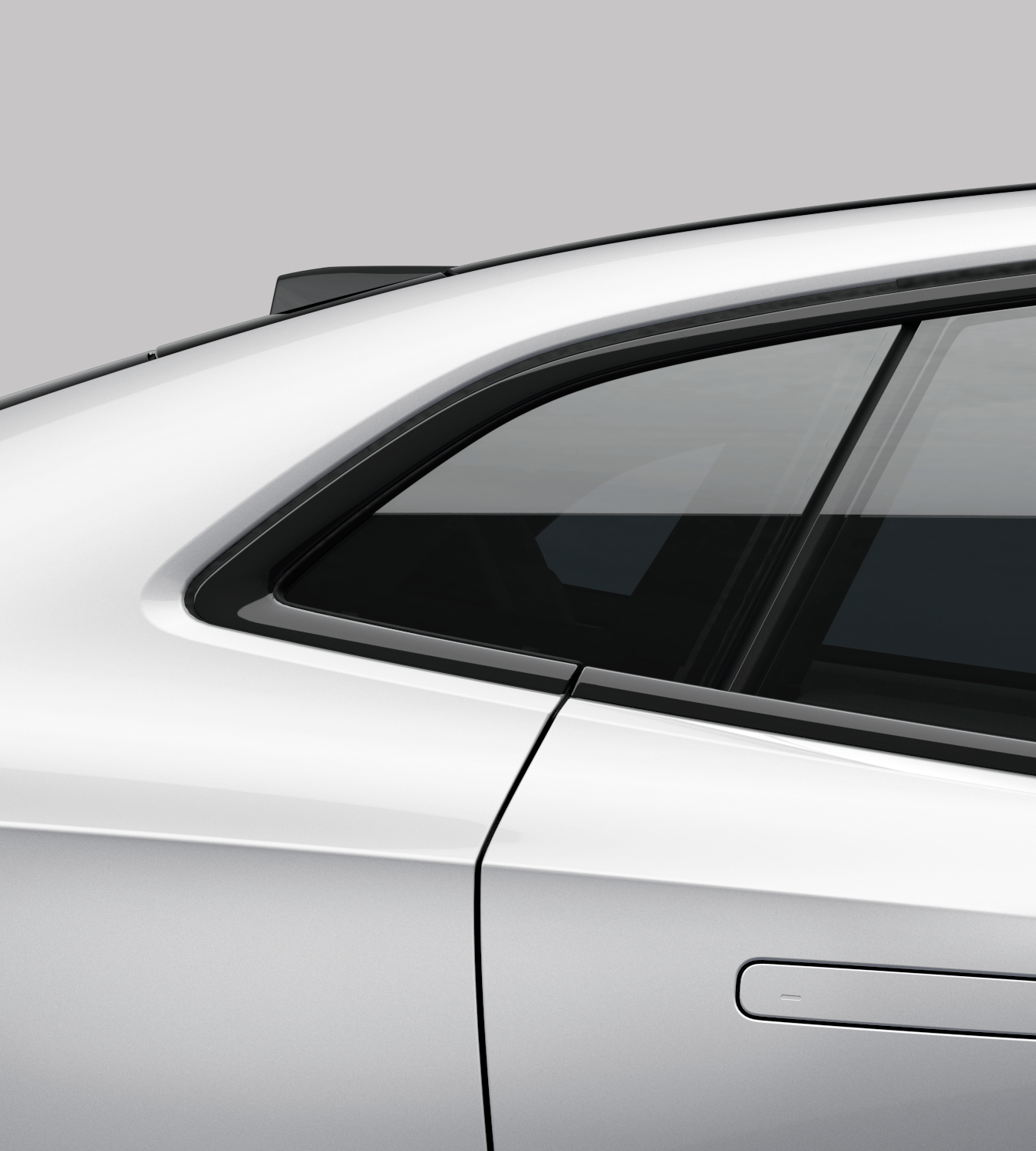 The rear side of Polestar 4 coupé showing quarter glass with flush glazing and flushed door handle.