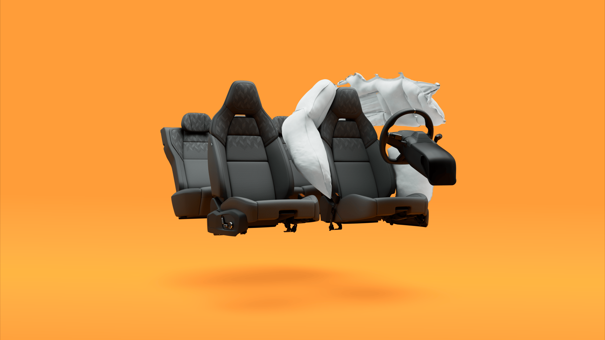 Airbags deploying from various positions around the driver’s seat in Polestar 4 coupé.