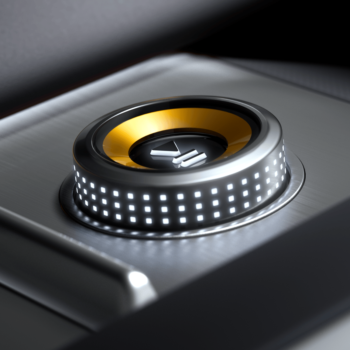 Polestar 4 coupé rotary knob with pause and play symbols and Swedish gold coloured inner ring.