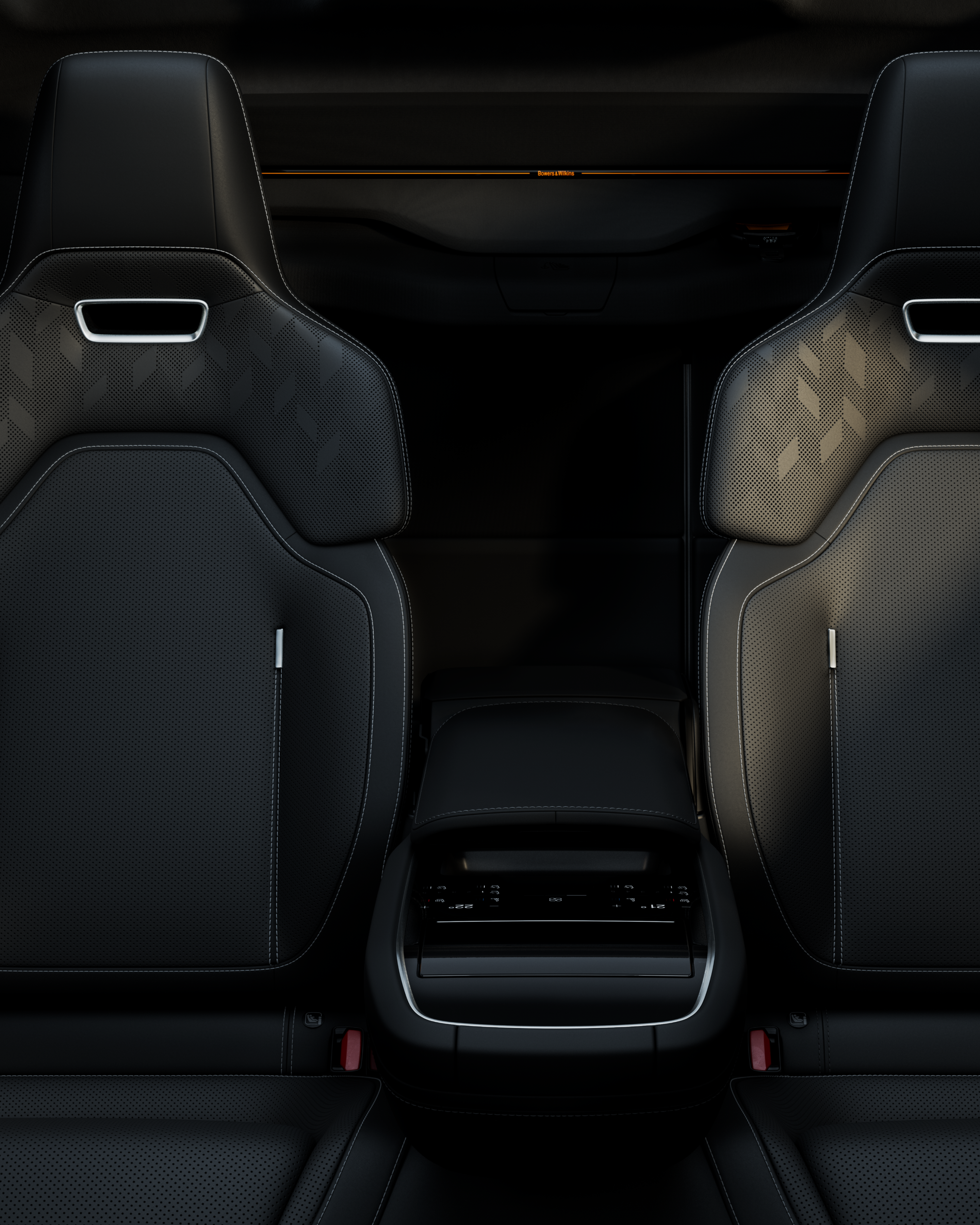 Rear seat view with two seats and center console controls