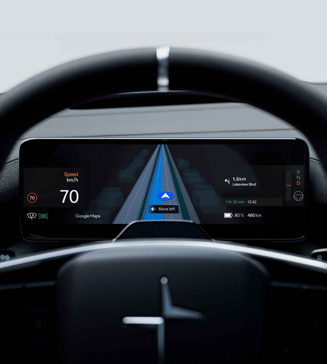 Polestar 4 coupé’s centre display showing Google Maps lane guidance