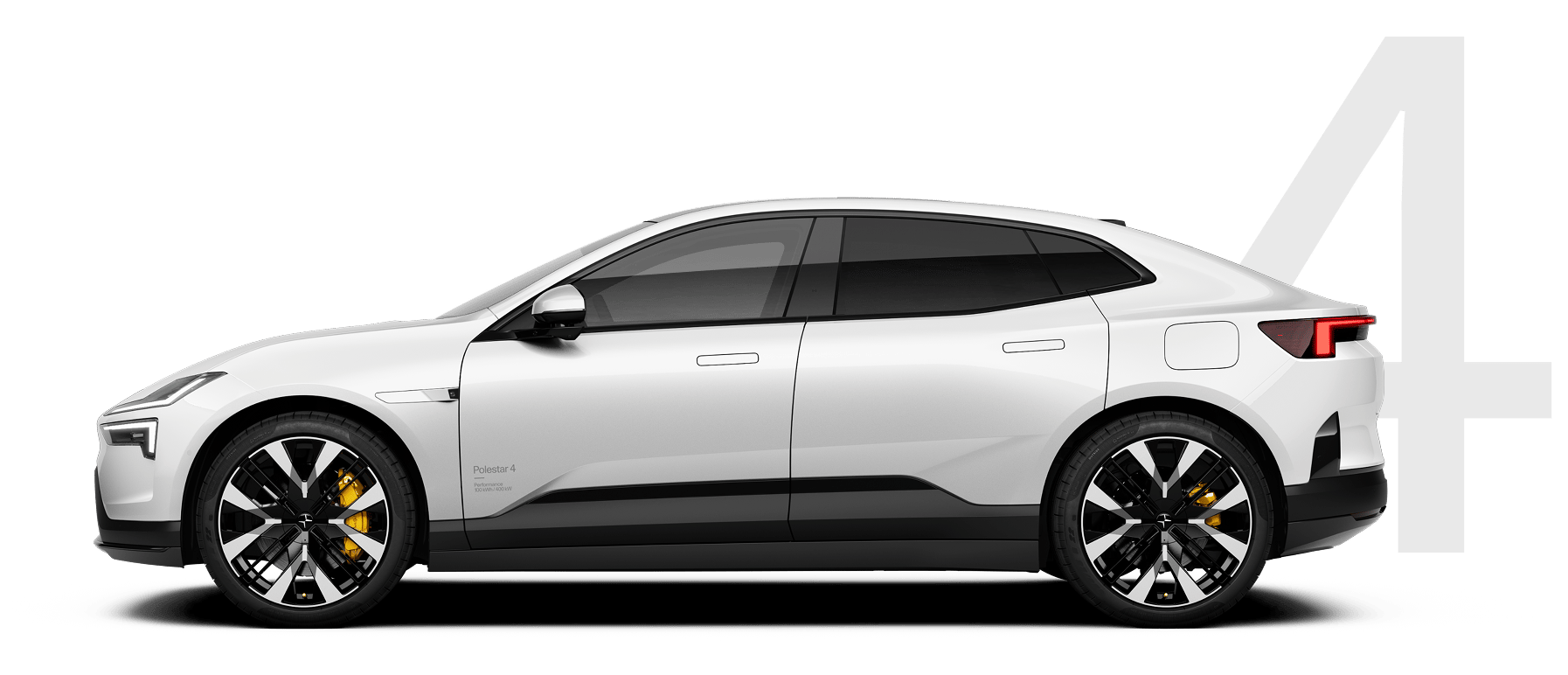 Une Polestar 4 blanche sur le côté.