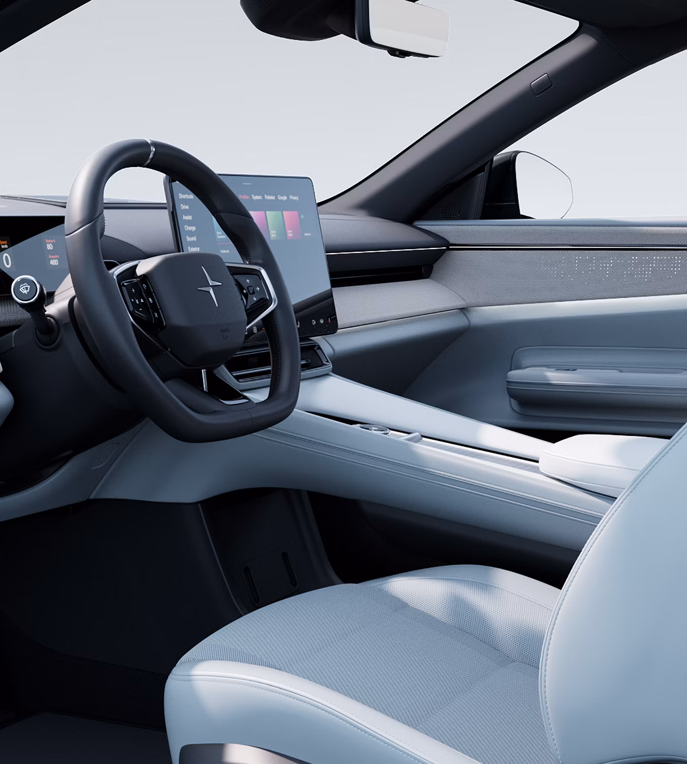 Polestar 4 SUV’s driver seat and side mirrors automatically adjusting to the set driver profile.