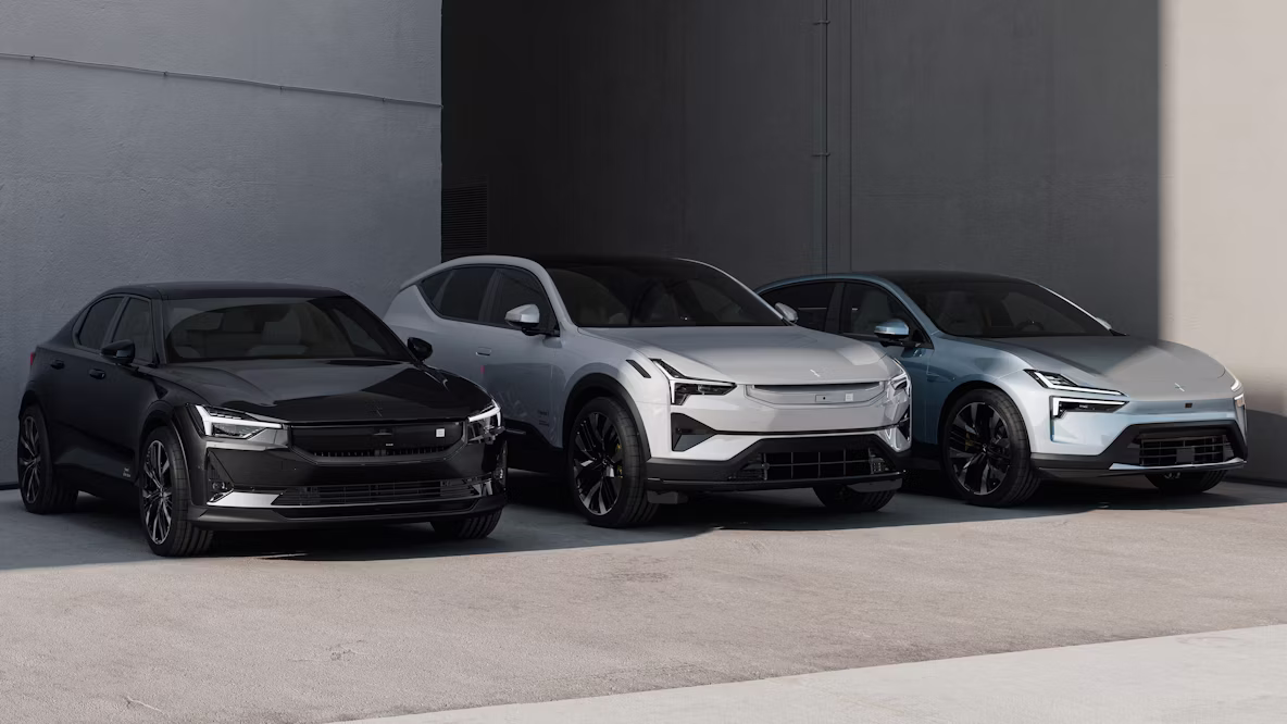 Polestar 2, Polestar 3 & Polestar 4 parked side by side against a wall