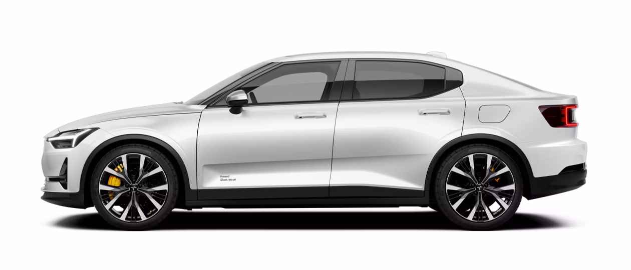 Side angled view of Polestar 2 in Snow colour standing in a white background.